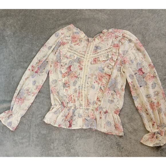 Sweet Rain Tops - Sweet Rain Blouse Large Floral Ruffle Lace Romanticcore